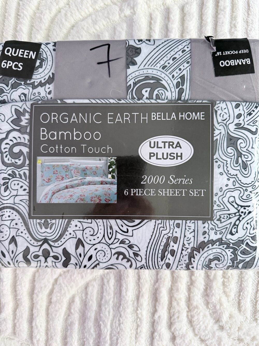organic Home Bella Earth Bamboo Dark Gray/ White Queen Size 6 Piece Sheet Set